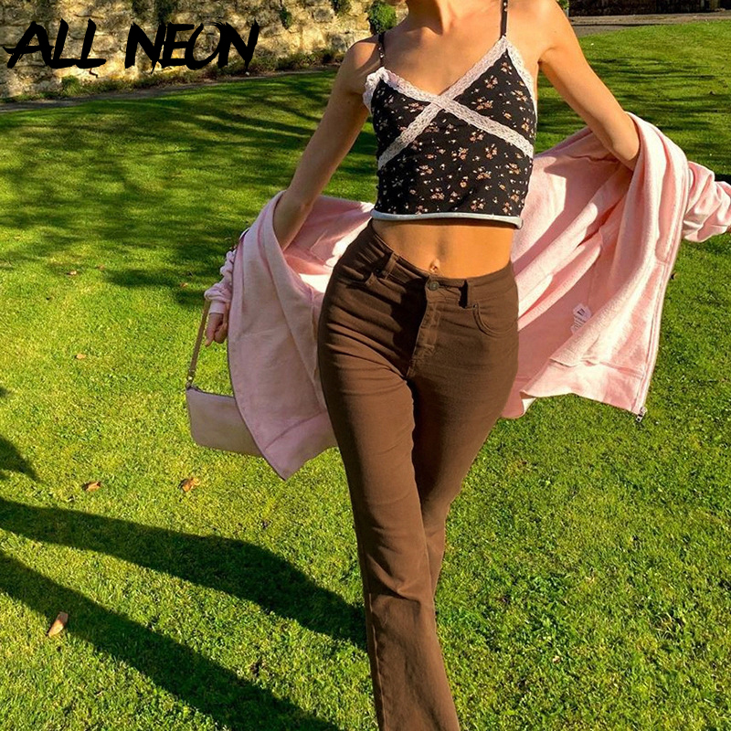 

2011allneon indie aesthetics slim brown flare jeans y2k vintage solid high waist moms pants 90s fashion denim trousers e-girl outfit, Blue