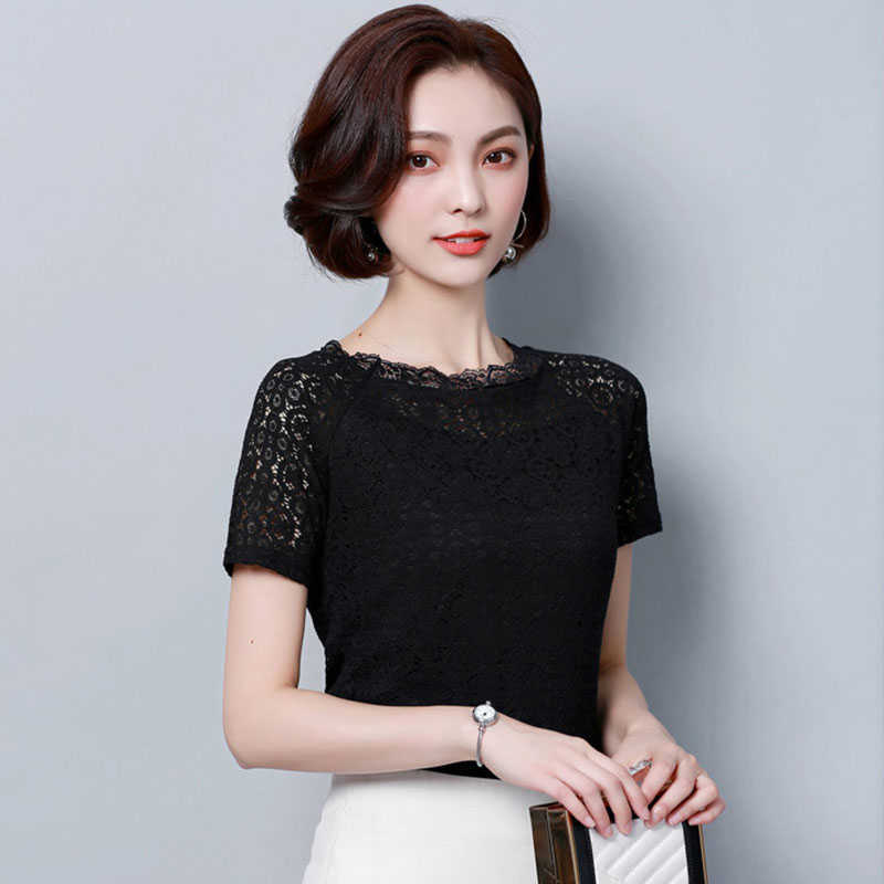 

Lace Top Women Short Sleeve Summer Tops Korean Style Elegant Hollow Out Casual Blouses Shirts For Ladies DF1645 210609, Pink