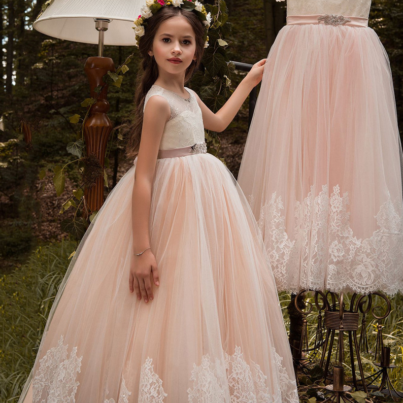 Princess Champagne Lace Flower Girl Dresses Long Appliques Beads Wedding Girls Formal Party Birthday Ball Gowns Toddler Pageant Dress-image-743361913
