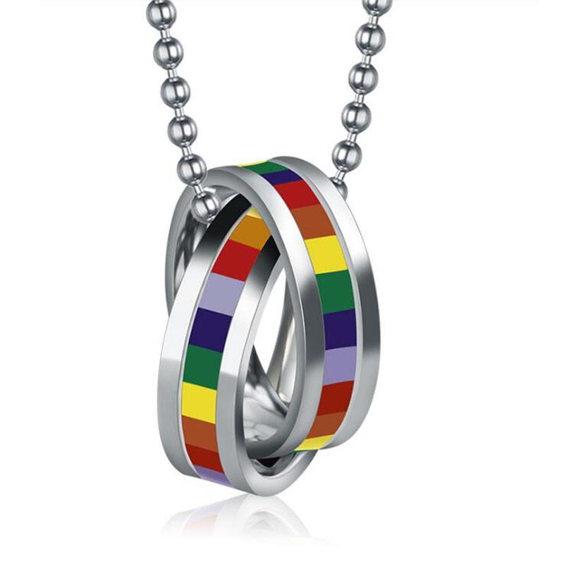 

Pendant Necklaces Enamel Rainbow Double Circle Round Necklace Female Men's Stainless Steel Punk Chokers Neck Accessories Jewelry PPN-006