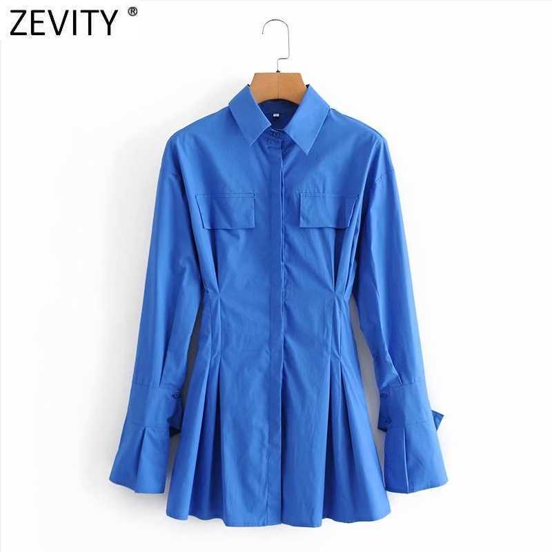 

Zevity Women Fashion Big Pockets Patch Waist Pleats Casual Slim Smock Blouse Office Lady Business Shirts Chic Blusas Tops LS9130 210603, As pic ls9130tdd