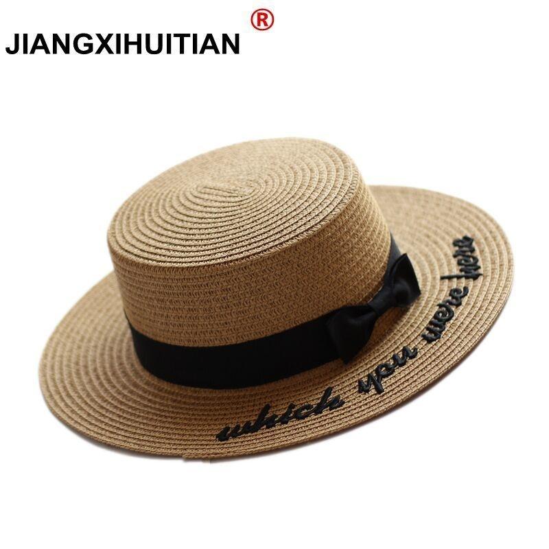 

Wide Brim Hats Summer Embroidery Letter Boater Hat Ribbon Round Bow Flat Top Straw Women Fedora Panama