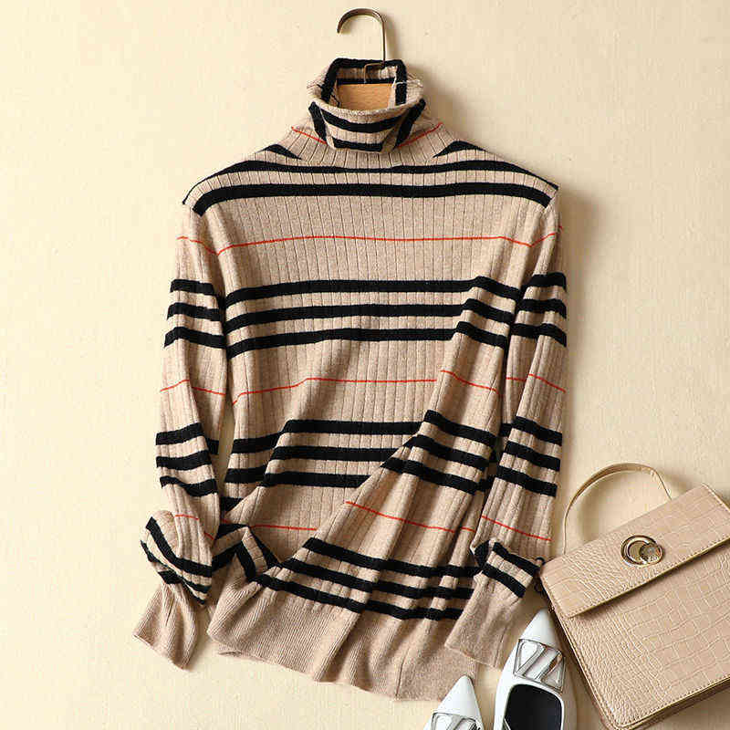 

EBAIHUI New 2021 Autumn Winter Women Sweaters Striped Knitted Turtleneck Korean Long Sleeve Elegant Pullovers Lady Slim Top Y1110, White