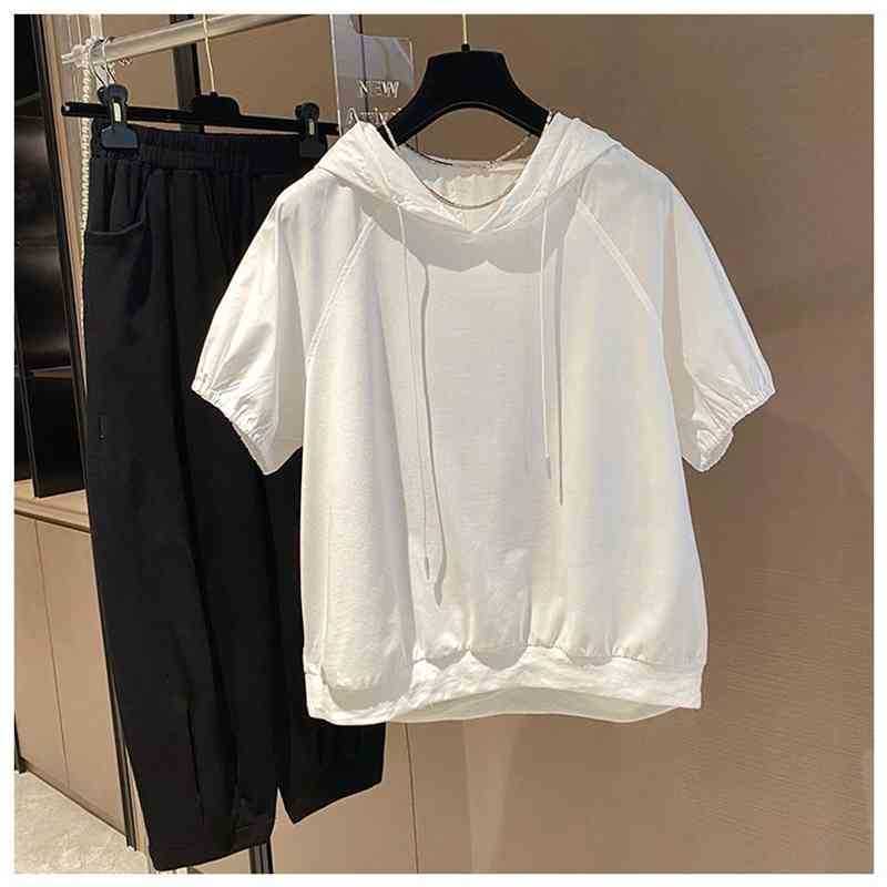 

Korean version loose stitching thin short sleeve sweater women' T-shirt 2021 new hooded top summer, White