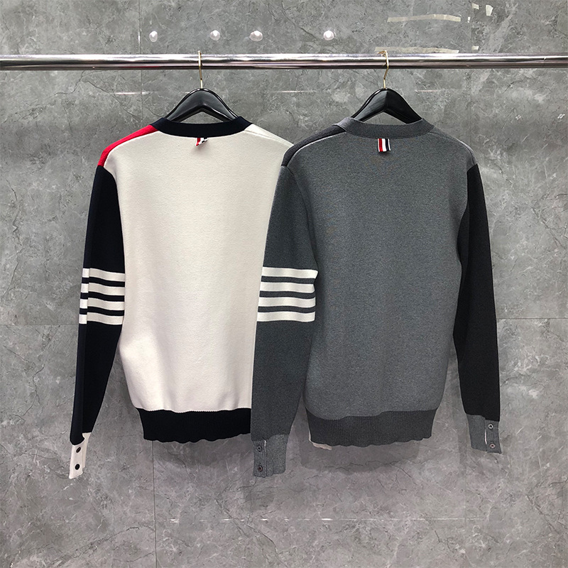 

Tb Fashion Thom Sweaters Men Slim Fit V-neck Cardigans Clothing Patchwork Striped Cotton Autumn Winter Casual Coat, Red