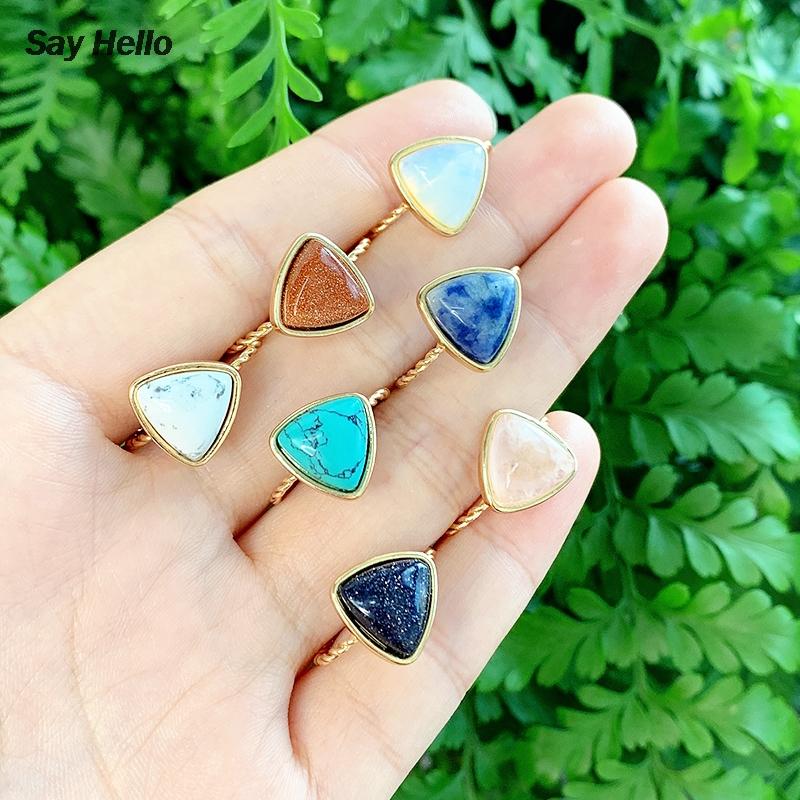 

Cluster Rings SAY HELLO Natural Stones Inlaid For Women Small Geometric Triangle Pink Spar Turquoises Finger Open Ringe K6684