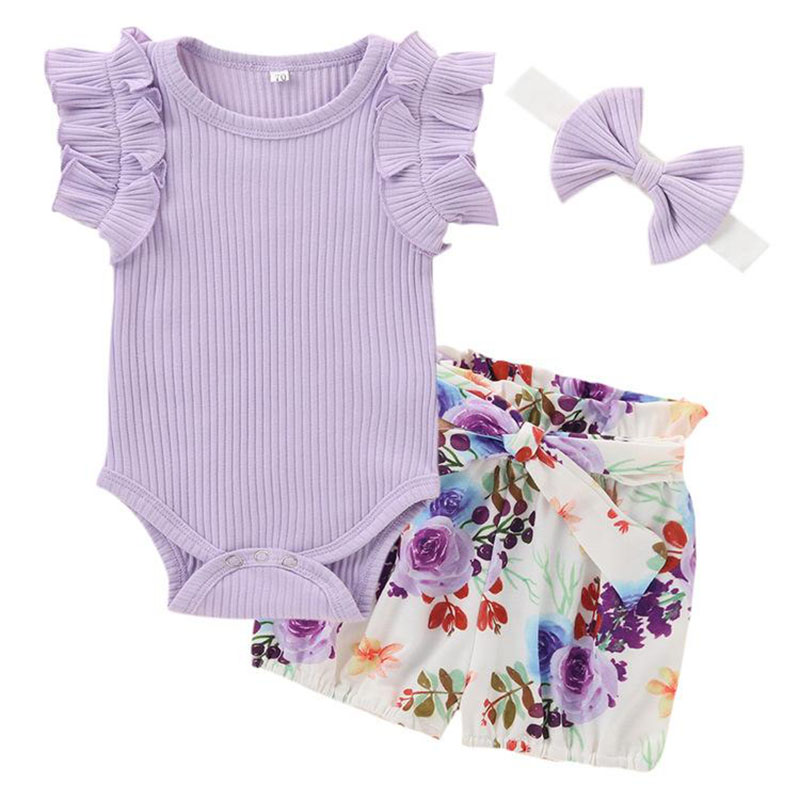 

kids Clothing Sets girls Flower print outfits children pit stripes ruffle sleeve Tops+Floral shorts+Headband 3pcs/sets summer fashion Boutique baby Clothes