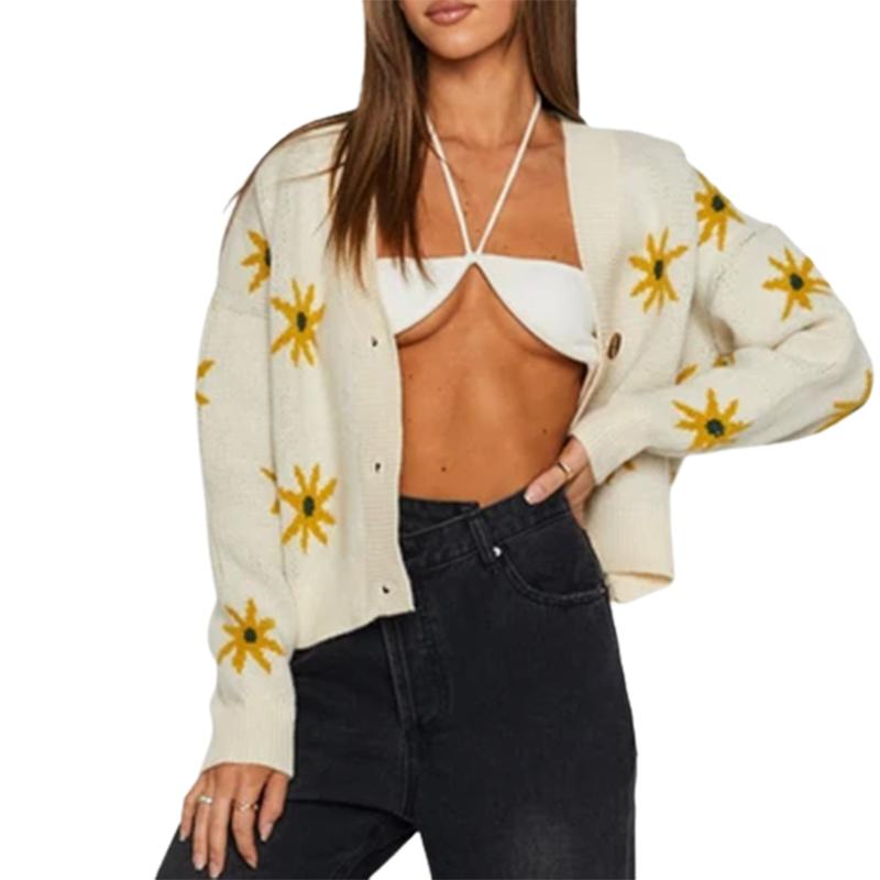 

Women's Knits & Tees Breathable Girls Long Sleeve Knitwear Autumn Ladies Dropped Shoulder Single-breasted Floral Knitted Coat Casual Cardiga, White