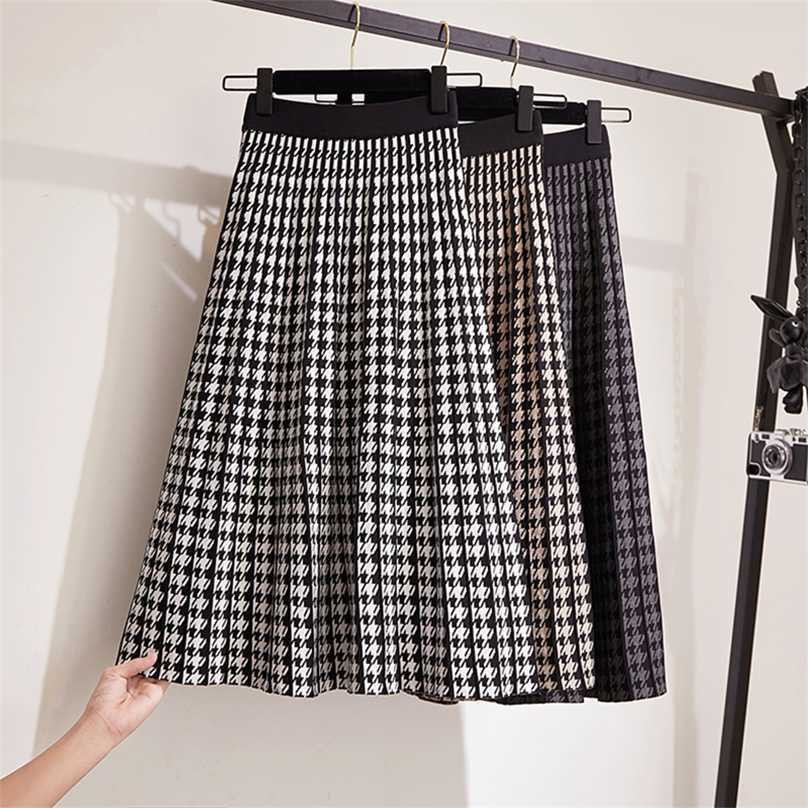 

TIGENA Knitted Plaid Long Skirt Women Autumn Winter Vintage Elegant Houndstooth A Line High Waist Pleated Midi Female 211109, Apricot