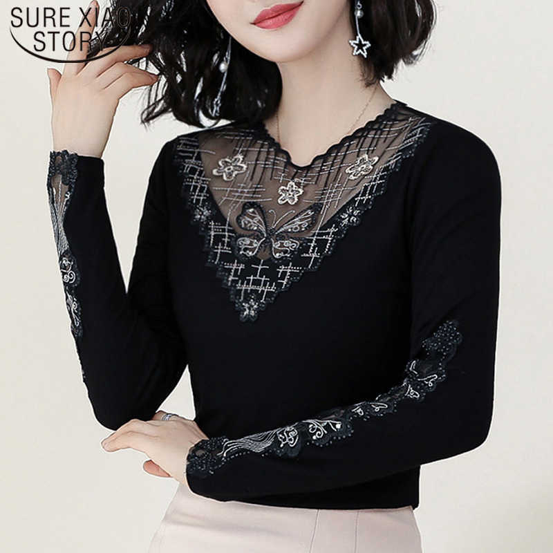 

Autumn Winter Fashion Lace Blouses Female Embroidery Sexy Hollow Bottoming Shirt Long Sleeve Floral Women Tops 6742 50 210527, Black gold