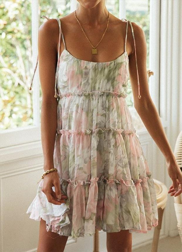 

fashion summer floral women dress print cami ruffle chiffon mini each, Black;gray