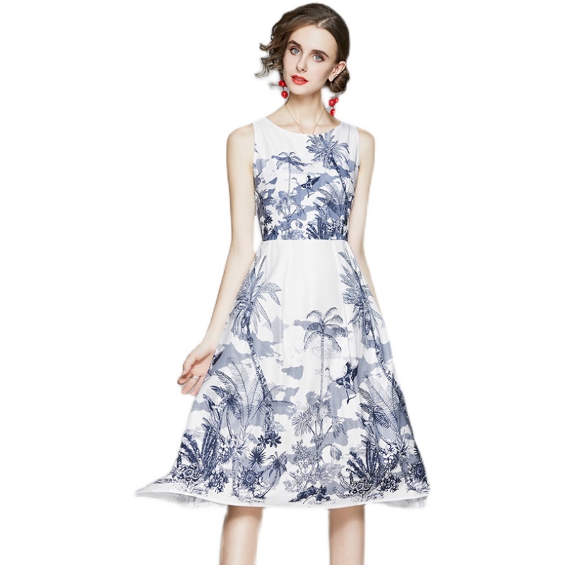 

Women Summer Designer Elegant Print Sleeveless Dress Female Sexy Slim Office Party Robe Ladies Vintage Pleated Dress Vestidos 210525, Blue
