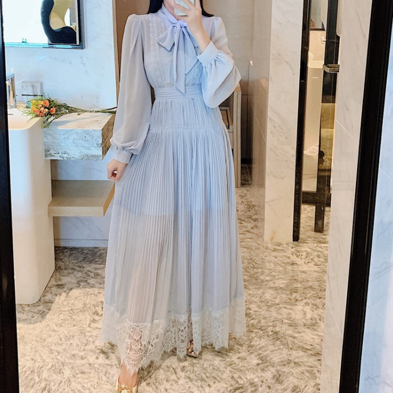 

ZAWFL Sweet Bow Spring Dresses Women Lantern Sleeve High Waist Pleated Maxi Lace Summer Vintage Beach Vestidos 210525, Picture color