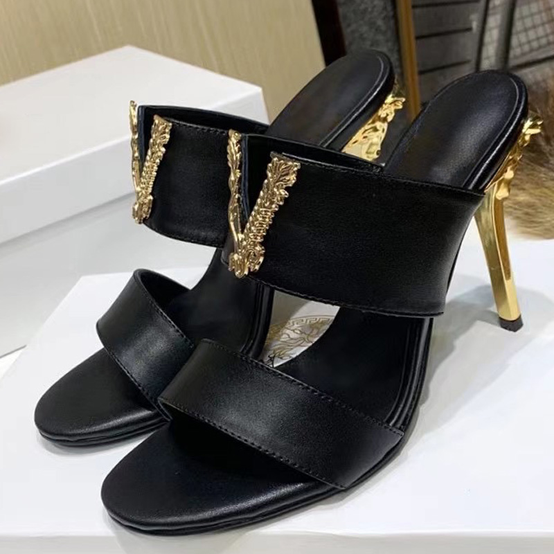 

Luxury designer fashion shoes High Heels Sandals for woman Genuine Leather Dressing Pumps Baroque Sculpted Heel women size 35-42 with box, Black