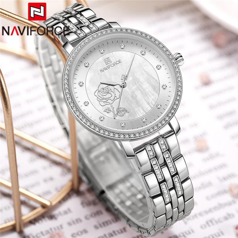 

Wristwatches NAVIFORCE Top Women Watch Rhinestone Quartz Lady Waterproof Wristwatch Silver Stainless Steel Female Clock 5017, Na501704 without box