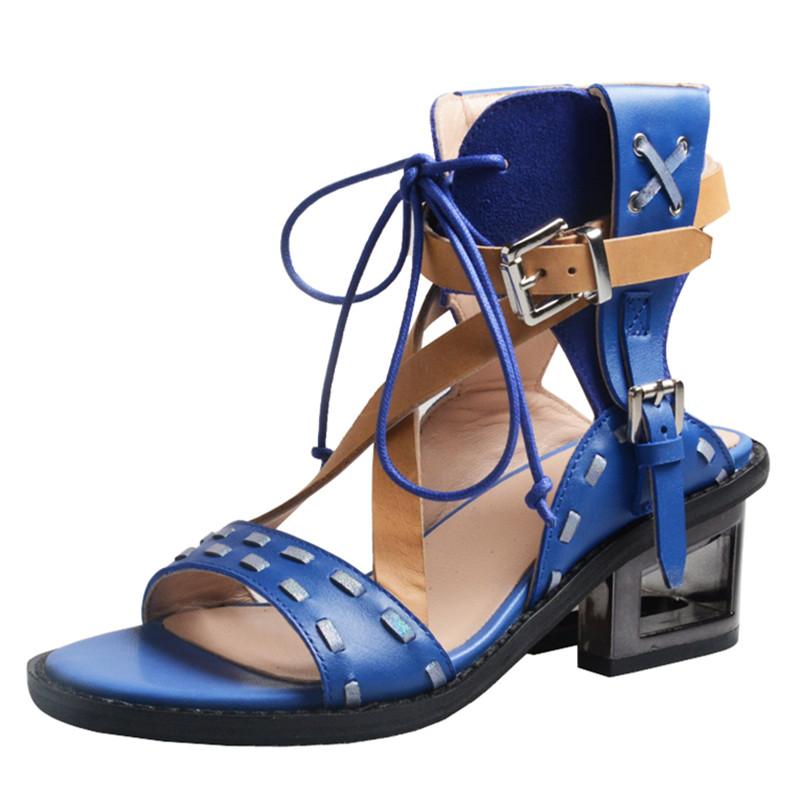 

Sandals Fashion Cross Strap Women Hollow Out Chunky Heel Dress Shoes Woman Genuine Leather Summer Gladiator Sandal Pumps, Blue