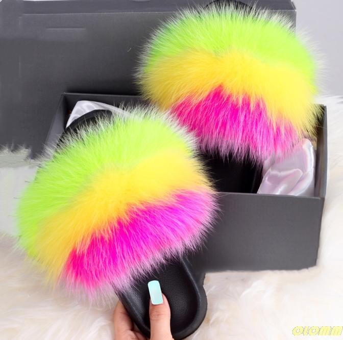 

Spring And Summer Style Europe America Fashion Really Fur Slipper Korean-style Outer Wear Sandals Flat Anti-slip Slippers, Black