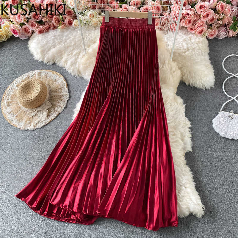 

korean satin pleated a-line skirts high waist elegant woman skirt spring summer faldas mujer moda 6G658 210603, Red