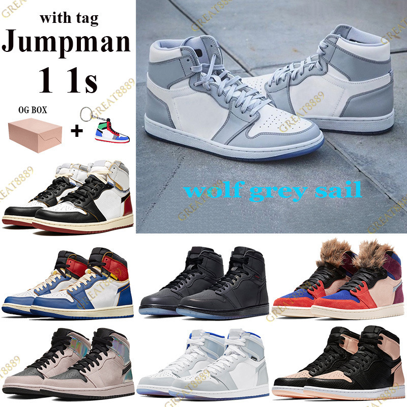 

2021 Jumpman 1 1s Basketball Shoes wolf grey sail Men Women Sneaker with Box tag union Los Angeles Black Blue Toe Trainers Keychain, 9.aleali may