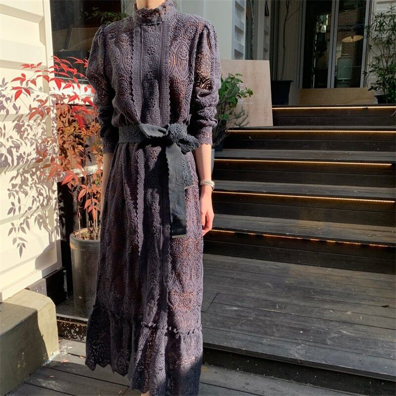 

2021hzirip 2021 stylish lace all-match korean elegant lace-up chic hook flowers women sweet gentle fashion girls female long dresses, Black;gray