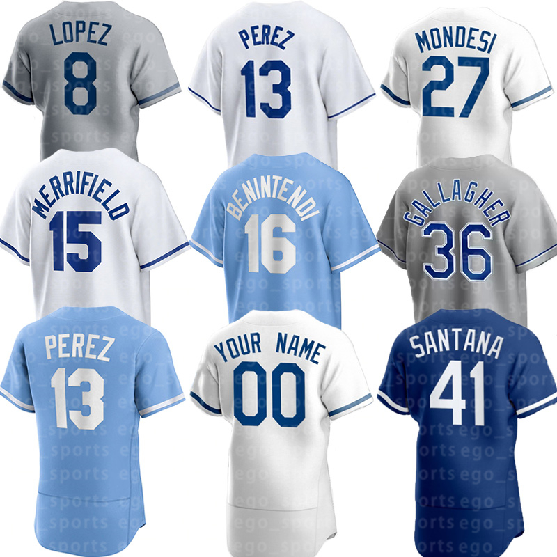 

Kansas City 13 Salvador Perez Jersey 15 Whit Merrifield 16 Bo Jackson 4 Alex Gordon 5 George Brett 56 Brad Keller 8 Nicky Lopez Brady Singer Danny Duffy Baseball Jerseys, Youth's color 2