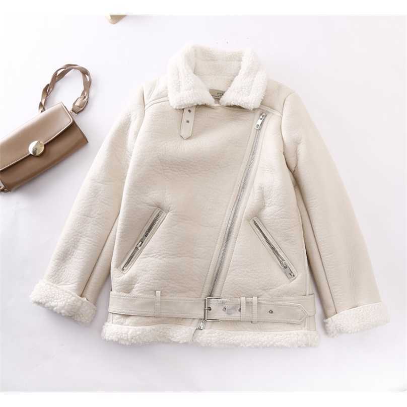 

Women Lamb Fur Jacket Winter Warm Long Sleeve Turn Down Collar Motorcycle Biker Coat Ladies Loose Faux Parkas 210525, Beige
