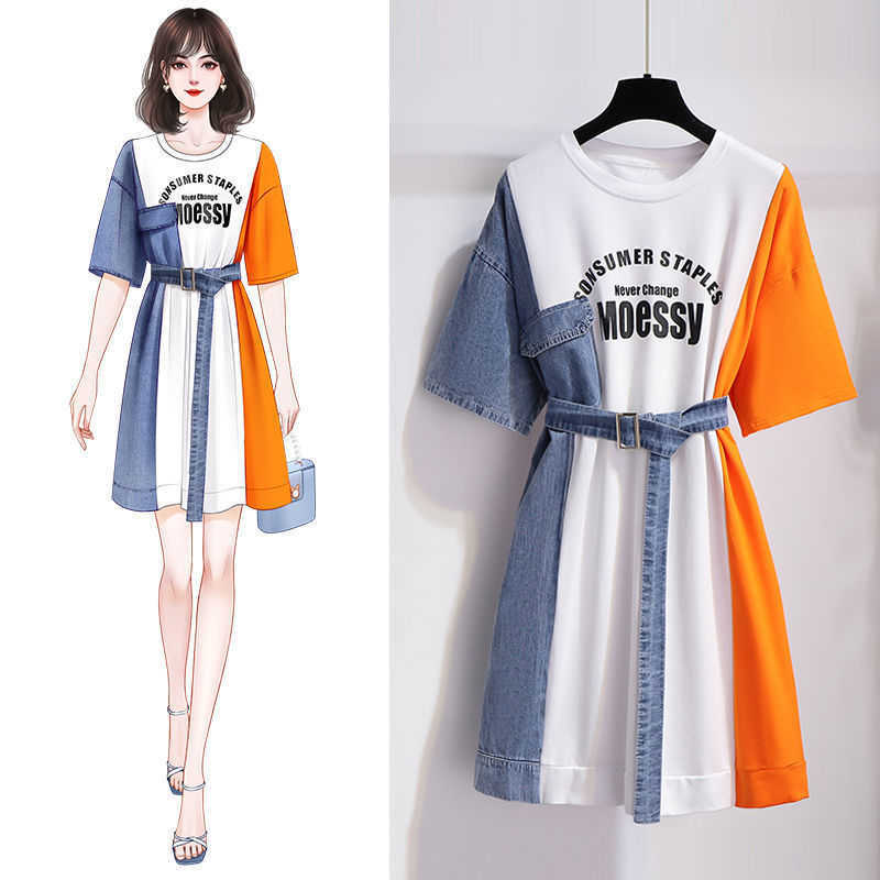 

2021 Xia Denim Stitching T-shirt Drs Women's Dign Sense Ins Waist Shows Slim Skirt, 3906 black dress