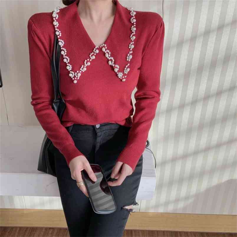 

Vintage Women Sweet Peter Pan Collar Beading Office Lady Korean Fashion Elegant Casual Long Sleeve Chic Knitted Sweaters 210519, Photo color