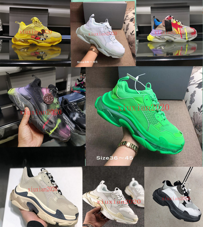 

Triple-s transparent sole casual shoes black and white red light pink old men's fashion sneakers distressed neon green women's platform S neakers