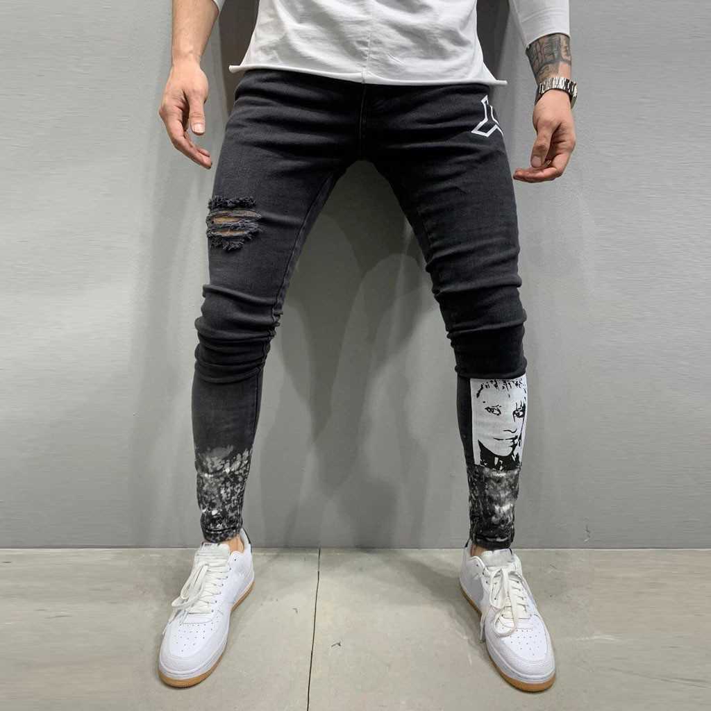

Street Cool Jeans Men Skinny Patchwork Denim Hole Wash Vintage Hip Hop Work Trousers Slim Street Male Print Jeans Ropa Hombre X0621, Black