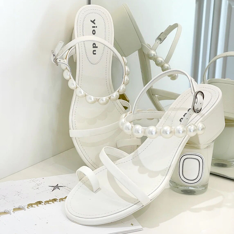 

Slippers Pearl buckle with clip toe mid-heel sandals 2021 summer wild thick-heeled high-heeled party dress thin strap women's shoe, Black