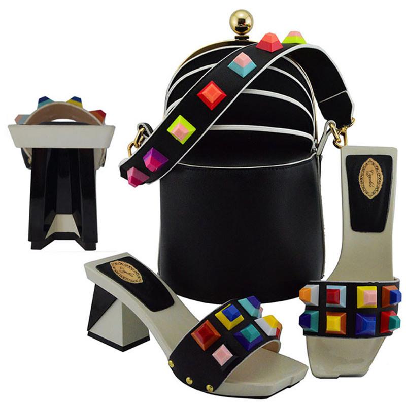 

Latest Fashion PU Leather Shoes And Bags To Match Set Nigerian Woman High Heel With Bag For Wedding On Stock Dress, Black
