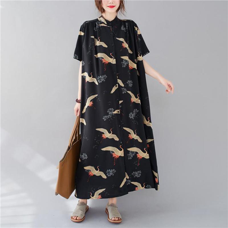 

Johnature Summer Retro Fashion Print Stand Single Breasted Shirt Dresses Korean Loose Comfortable Women Plus Size Dress 210521, Black