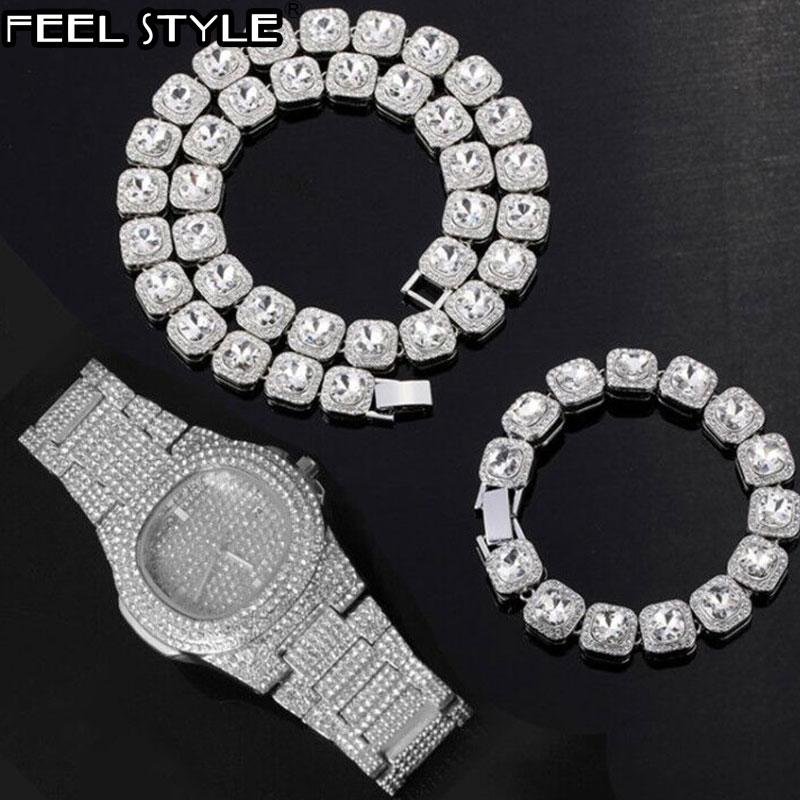 

Chains Tennis Baguette Necklace +Watch+Bracelet 12MM Hip Hop Chain Iced Out Bling Paved Rhinestones CZ For Men Jewelry, Silver
