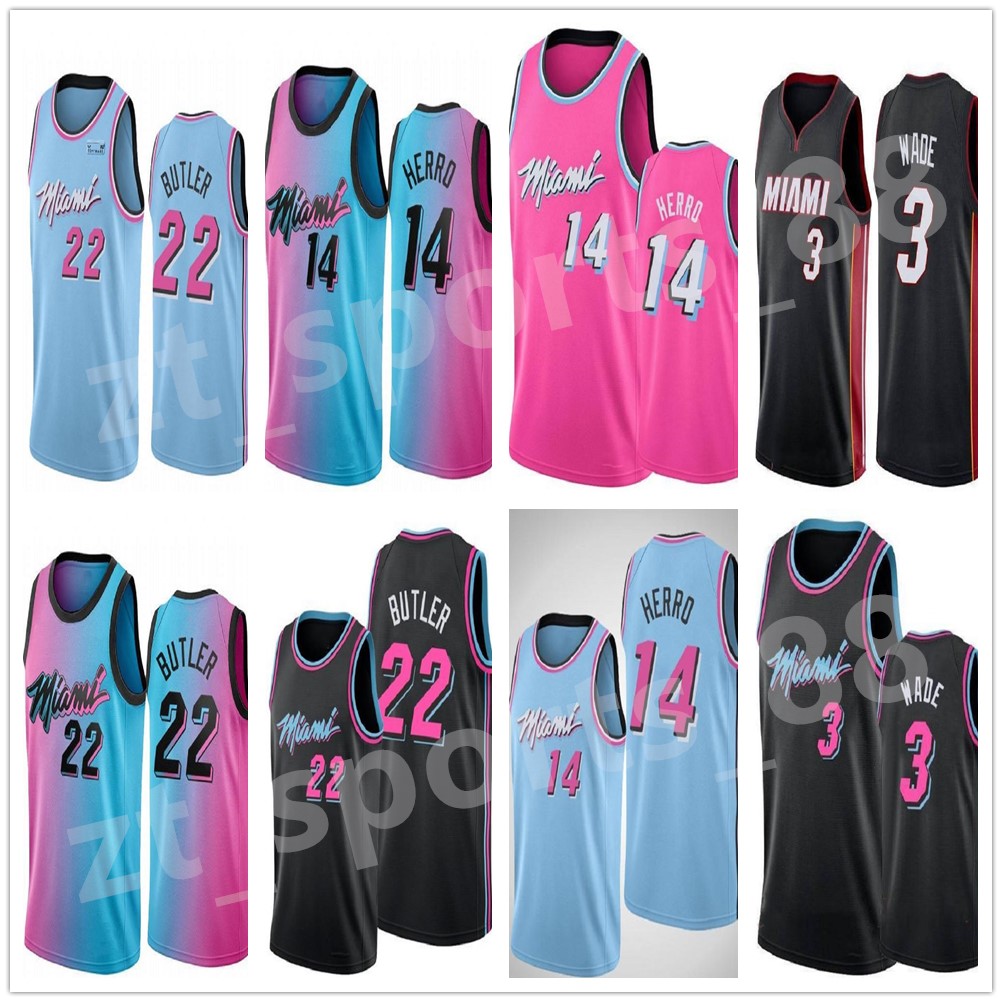 

Basketball Men Dwyane 3 Wade Jimmy 22 Butler Jerseys Tyler 14 Herro Bam 13 Adebayo 55 Robinson 2020-21 PInk Bule White City Jersey, As shown in illustration