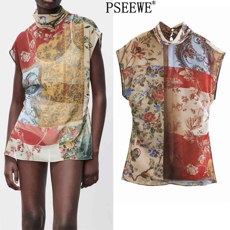 

Semi-Sheer Patchwork Woman Blouses Vintage High Neck Sleeveless Summer Top Fashion Back Opening Thin 210519, Multi