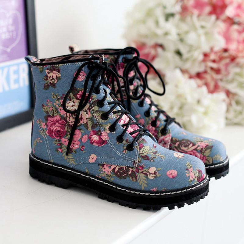 Boots US4-13 Womens Round Toe Ankle Floral Printed Denim Jeans Motorcycle Shoes Riding Blue Casual Mixed Color