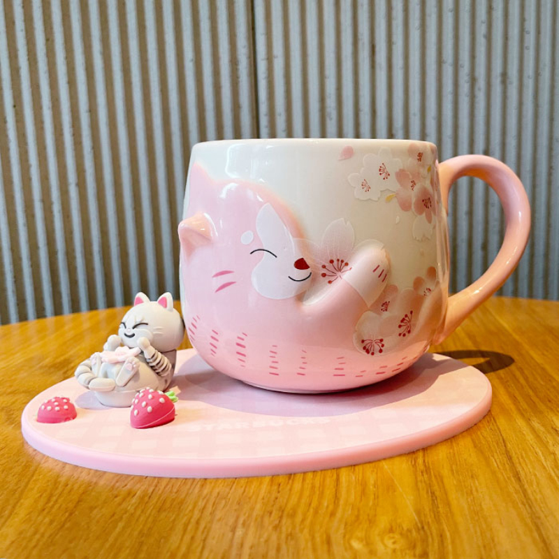 

Starbucks mug cute cherry blossom cat with sakura mark ceramic coffee cup 355ml, Pink