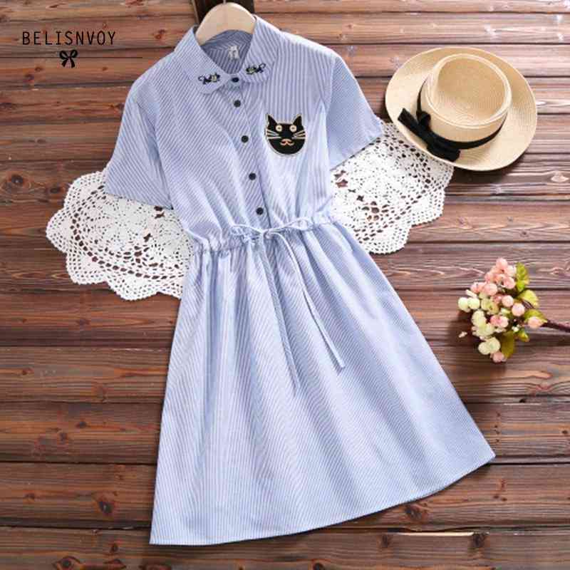 

Mori Girl Summer Striped Dress Fashion Women Cat Embroidery Vintage Dresses Short Sleeve Femme Vestidos S-xxl Blue Pink 210520