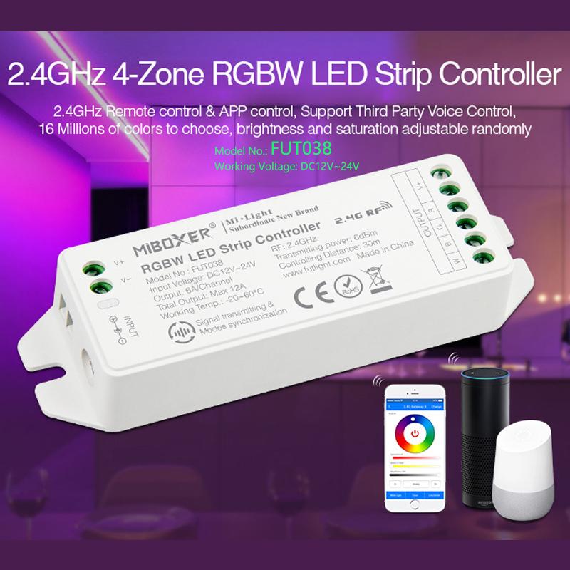 

FUT038(upgrade)2.4G 4-Zone RGBW LED Strip Controller DC12~24V Dimmable Driver 6A/Channel Common Anode Can Remote/voice Control RGB Controlle