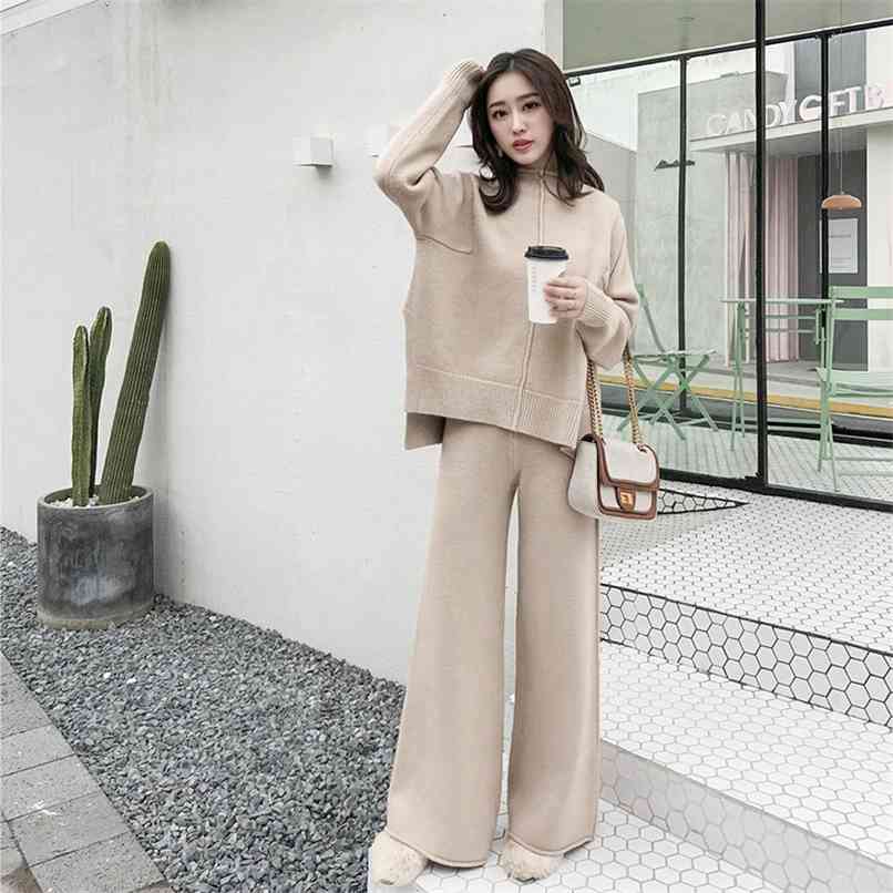 

The drape knitting wide-legged pants suit two-piece women winter cashmere sweater western style suits 210520, Black