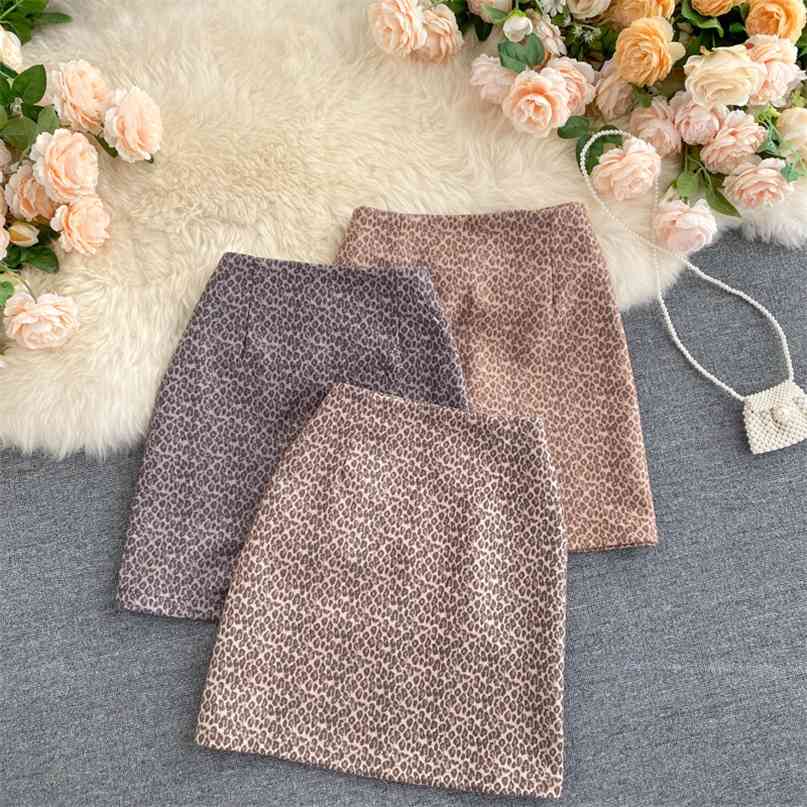 

Korean Fashion Lady Skirt High Waist Leopard A Line Mini Casual Streetwear Elegant Women Autumn Back Zipper Chic  210603, Khaki