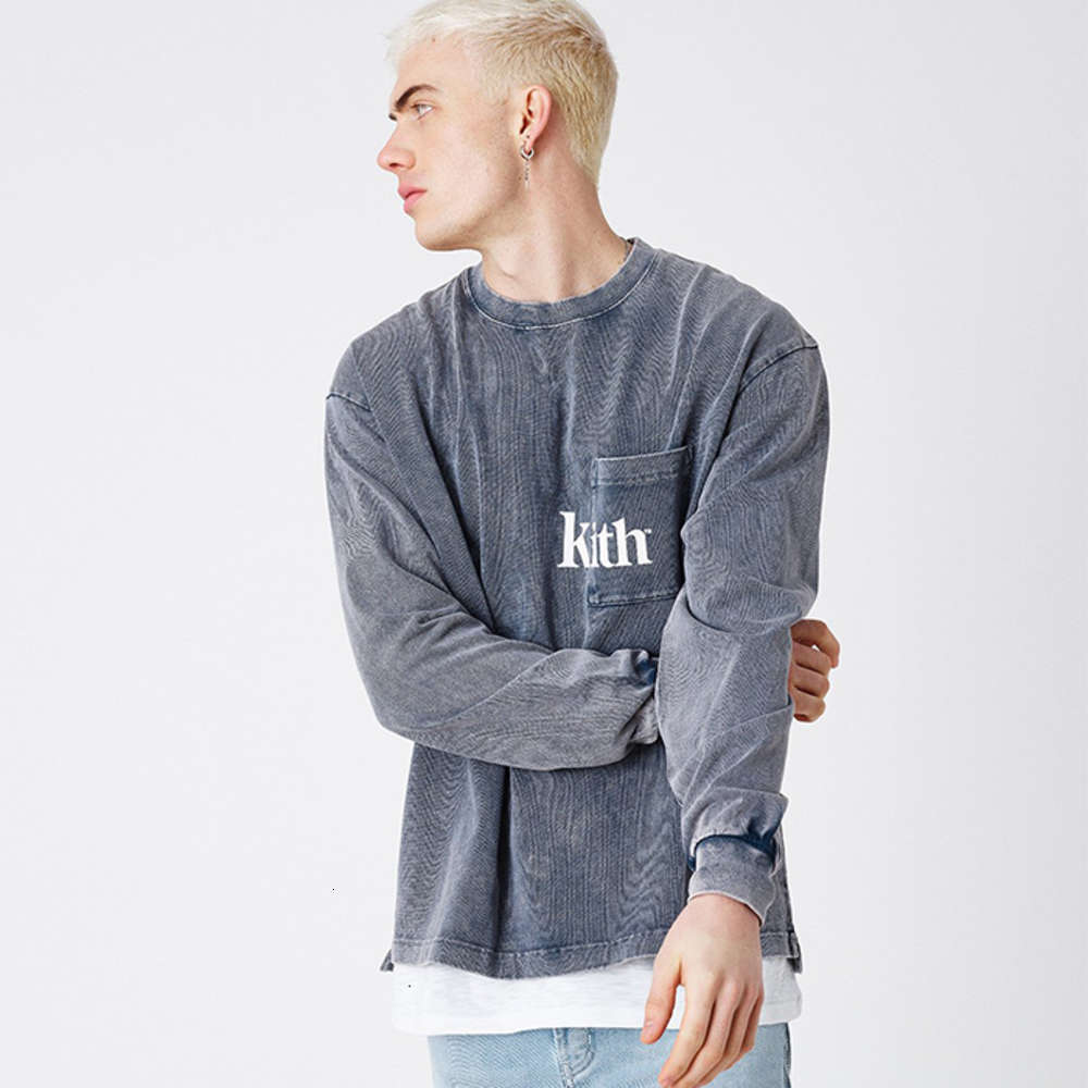

Defans21ss kith washable batik used pocket long sleeve solid round neck beauty trend loose bottomed T-shirt for men, White;black