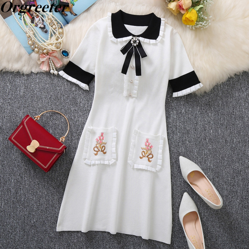 

Summer Fall Patchwork Ruffles Peter pan collar knit Dress Sweet Bow Short-sleeved Thin Sweater 210525, White