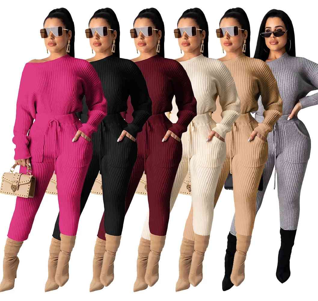 

Women' Tracksuits Streetwear Knitted Sweatsuit Set Off Shoulder Long Sleeve Sweater Top Pencil Pants Active Ribbed Tracksuit Two, Beige