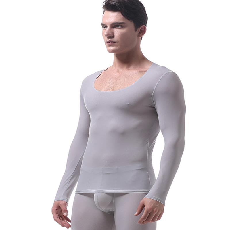 

Men's Sleepwear Men Underwear Super Thin Ice Silk Seamless Autumn Shirts U Pouch Bag Translucent Sexy Long Johns(not Include Pants), Gray