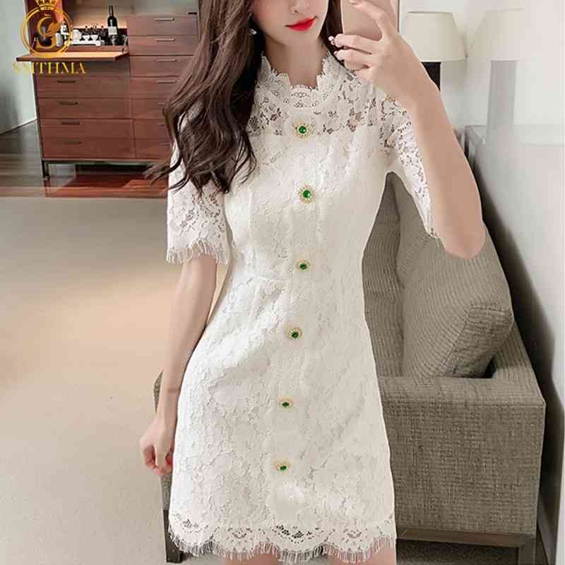 

Women's Summer Dress Ladies Puff Short Sleeve Lace Hollow Out Elegant Mini Female Stand Collar Diamond Button Vestidos 210520, Photo color