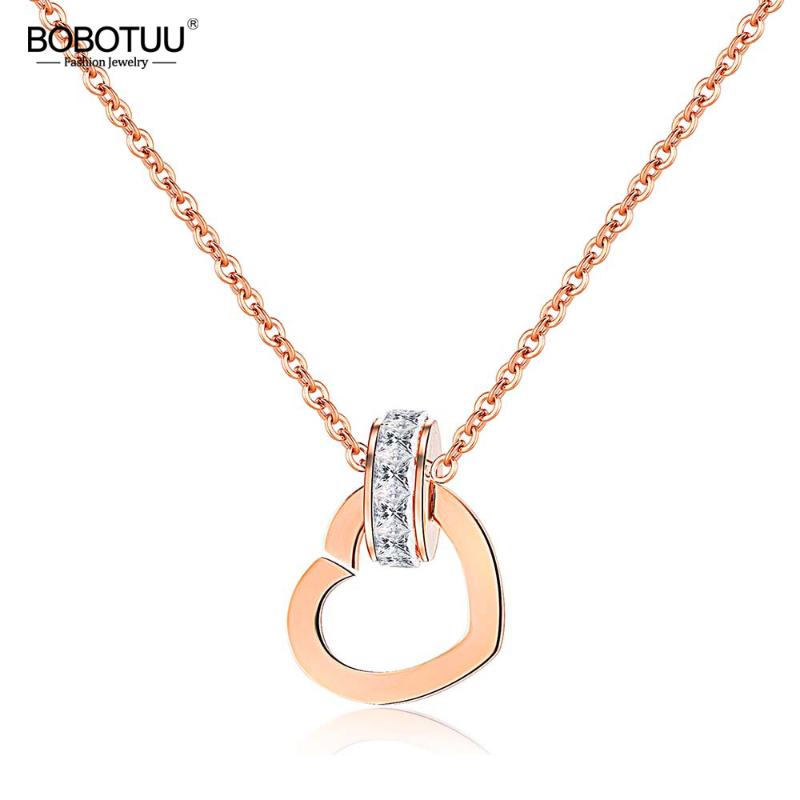 

Pendant Necklaces BOBOTUU Luxury Cubic Zirconia Circle Heart Charm Rose Gold Stainless Steel Chain Neckalce Jewelry BN17063