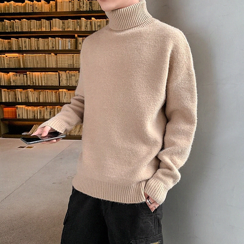 Men's Unisex Pullover Knitted Braided Solid Color Stylish Long Sleeve Regular Fit Sweater Cardigans Turtleneck Fall Winter Khaki White Black l8