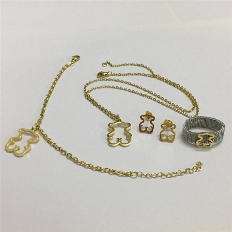 Earrings & Necklace Gold Color Stainless Steel Earring Ring Bracelet Jewelry Sets Bear Trendy Never Faded Gift-image-707234229